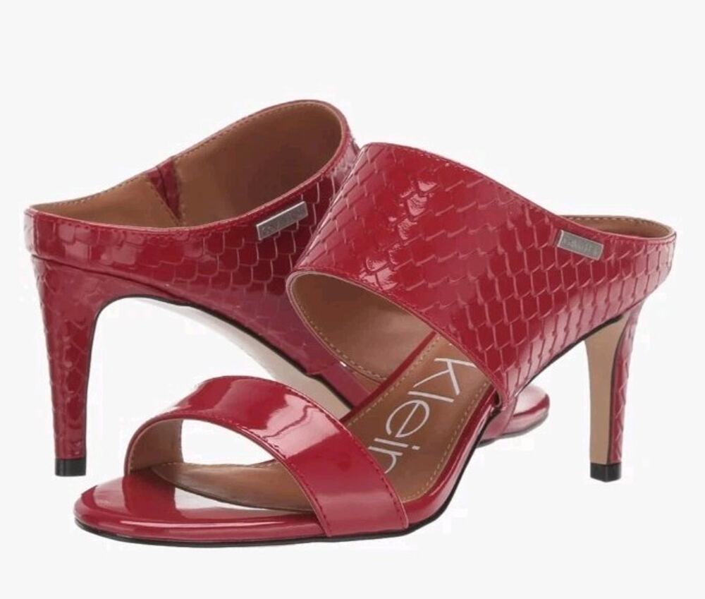 Calvin Klein CECILY Python Cherry Red Patent Leather Spiked Peep-Toe Heel 7